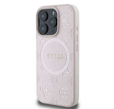 جراب Guess Magsafe Saffiano PU الصلب مع شعار Peony Classic لهاتف iPhone 16 Pro Max، حماية من السقوط، سهل التركيب، تصميم نحيف وخفيف الوزن، متوافق مع MagSafe للشحن اللاسلكي - وردي