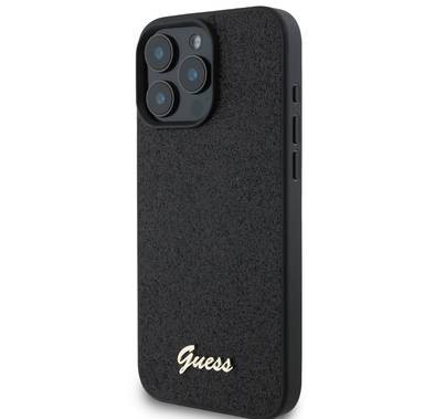 Guess Fixed Glitter Hard Case with Script Metal Logo for iPhone 16 Pro Max, Slim Profile, Drop Protection, Easy Snap-On, High-Quality Material, Extra Shield Protection - Black