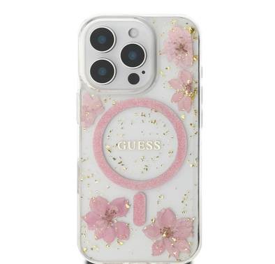 Guess MagSafe Hard Case with Resin Flowers Design For iPhone 16 Pro, Drop protection, Comfortable Grip - Pink