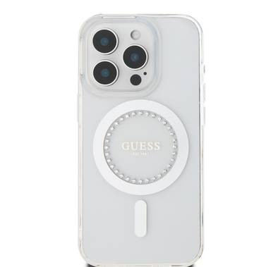 جراب GUESS MagSafe IML الصلب بتصميم مرصع بأحجار الراين لهاتف iPhone 16 Pro Max، سهل التركيب، حماية من السقوط، تصميم رفيع - أبيض