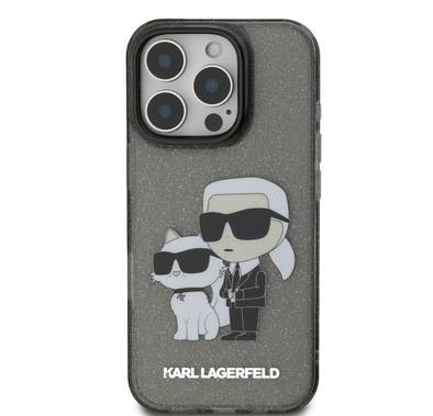 جراب Karl Lagerfeld IML اللامع الصلب مع شعار Karl &amp; Choupette NFT لهاتف iPhone 16 Pro، ممتص للصدمات والسقوط، فتحات دقيقة، قبضة مريحة، سهل التركيب - أسود