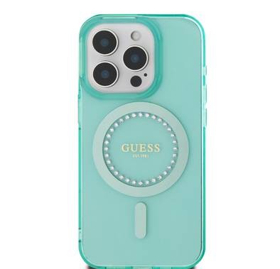 جراب GUESS Magsafe IML الصلب بتصميم مرصع بأحجار الراين لهاتف iPhone 16 Pro، سهل التركيب، حماية من السقوط، تصميم رفيع - أخضر