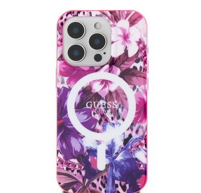 GUESS MagSafe IML Hard Case with JUNGLE Design for iPhone 16 Pro Max, Damage and Scratch Protection - Purple