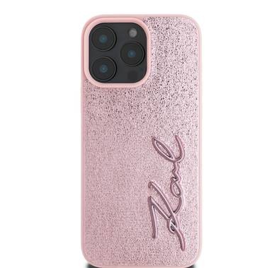 Karl Lagerfeld Wrinkled Design PU Hard Case with Metal Signature Logo For iPhone 16 Pro, Slim Profile, Comfortable Grip, Drop protection - Pink