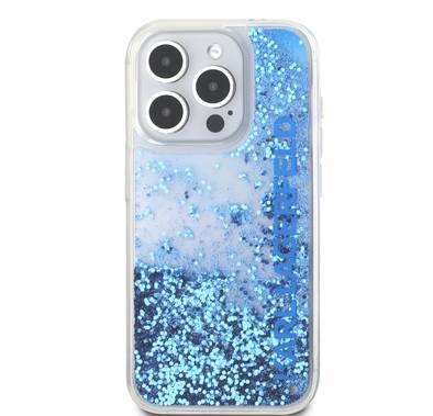 جراب Karl Lagerfeld Liquid Glitter Gradient الصلب لهاتف iPhone 16 Pro، حماية من التلف والخدوش، خفيف الوزن ومريح، فتحات دقيقة للوصول الكامل - أزرق