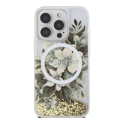 GUESS MagSafe Liquid Glitter Hard Case with Flower Design for iPhone 16 Series, Drop Protection - Beige