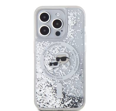 جراب Karl Lagerfeld Magsafe Liquid Glitter الصلب مع رأس Karl &amp; Choupette لهاتف iPhone 16 Pro، حماية من السقوط، امتصاص الصدمات، فتحات دقيقة، تصميم لامع لامع - شفاف