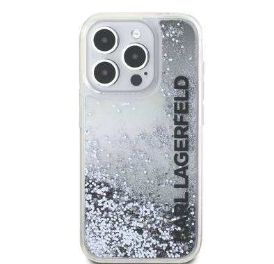 جراب Karl Lagerfeld Liquid Glitter Gradient الصلب لهاتف iPhone 16 Pro، حماية من التلف والخدوش، خفيف الوزن ومريح، فتحات دقيقة للوصول الكامل - أسود