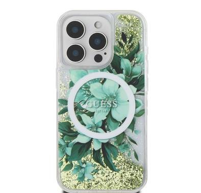 GUESS MagSafe Liquid Glitter Hard Case with Flower Design for iPhone 16 Series, Drop Protection - Green