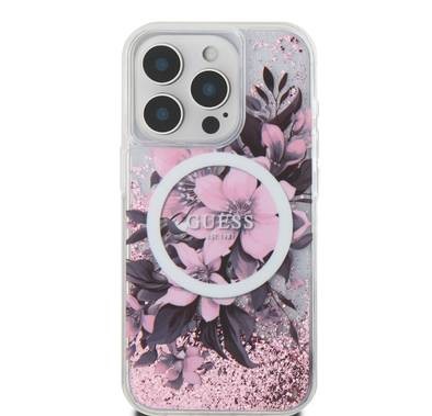 GUESS MagSafe Liquid Glitter Hard Case with Flower Design for iPhone 16 Series, Drop Protection - Pink