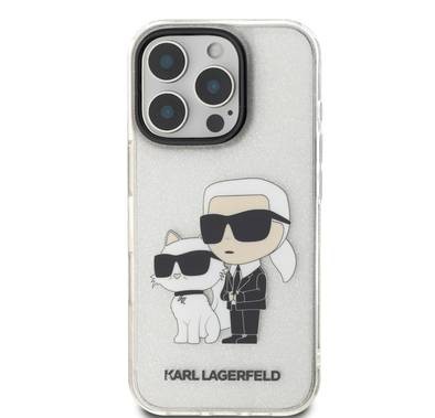 جراب Karl Lagerfeld IML اللامع الصلب مع شعار Karl &amp; Choupette NFT لهاتف iPhone 16 Pro Max، ممتص للصدمات والسقوط، فتحات دقيقة، قبضة مريحة، سهل التركيب - شفاف