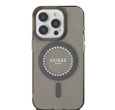 جراب GUESS Magsafe IML الصلب بتصميم مرصع بأحجار الراين لسلسلة iPhone 16، سهل التركيب، حماية من السقوط، تصميم نحيف - أسود