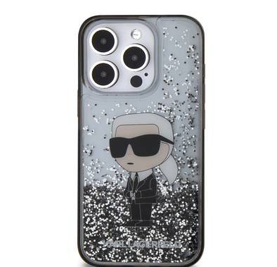 جراب Karl Lagerfeld Liquid Glitter الصلب مع شعار Ikonik لهاتف iPhone 16 Pro Max، تصميم أنيق، فتحات دقيقة، امتصاص الصدمات، حماية من الخدوش والسقوط - شفاف