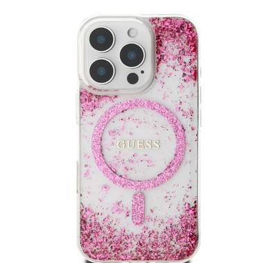 Guess MagSafe Glitter Hard Case with Resin Glitter for iPhone 16 Pro Max with Drop Protection, Secure & Comfortable Grip, Sustainable Packaging, Easy Snap-on Design - Fuchsia