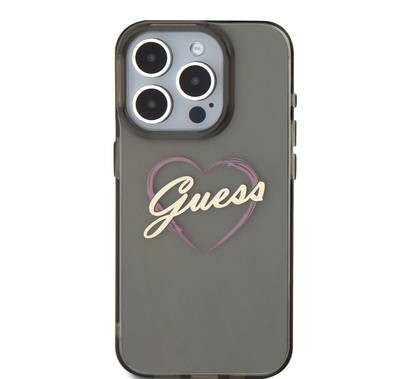 GUESS IML Hard Case with Heart Logo for iPhone 16 Pro, Slim Profile, Easy Snap-On, Comfortable Grip - Black