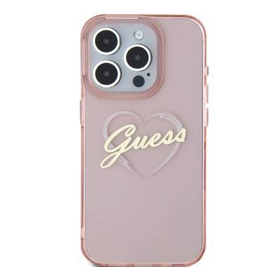 GUESS IML Hard Case with Heart Logo for iPhone 16 Pro, Slim Profile, Easy Snap-On, Comfortable Grip - Pink