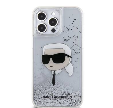 جراب KARL LAGERFELD Liquid Glitter Hard مع NFT Karl Head لهاتف iPhone 16 Pro Max، رفيع، حماية من السقوط - شفاف 