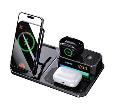 Green Lion 6 in 1 Multifunctional Wireless Charger, Bluetooth Version 5.3, 3W Watch Output, Digital Clock, RGB Light - Black 