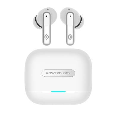 Powerology Hybrid True Wireless Earbuds with ANC + ENC, 6 Microphone, Bluetooth Version 5.3 & Type-C Charging Port - White 