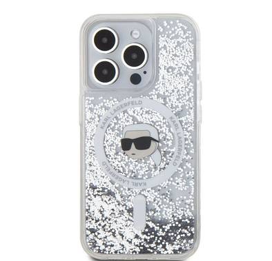 Karl Lagerfeld Magsafe Liquid Glitter Hard Case with Karl Head for iPhone 16 Pro Max, Drop and shock protection, Slim and Lightweight, Precise port Cutouts - Clear