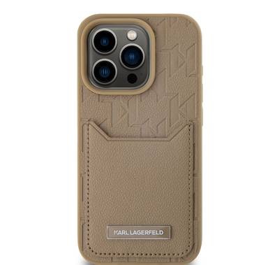 Karl Lagerfeld PU Hard Case With Card slot & Monogram Design Logo for iPhone 16 Pro, Drop Protection, Shock Absorption, Precision Cutouts, Easy Snap-On - Brown