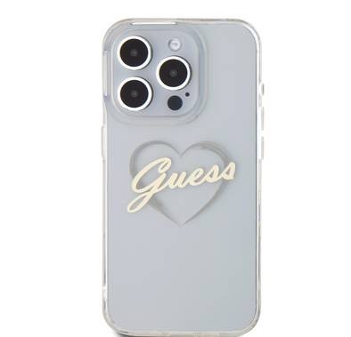 GUESS IML Hard Case with Heart Logo for iPhone 16 Pro, Slim Profile, Easy Snap-On, Comfortable Grip - Clear