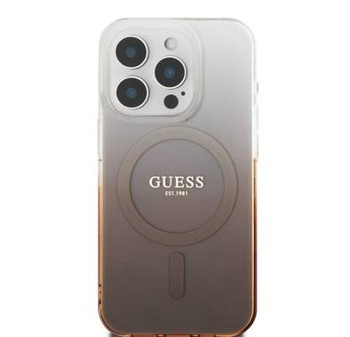 GUESS Magsafe IML Glitter Gradient Hard Case for iPhone 16 Pro Max, Slim Profile, Easy Snap-On, Drop Protection - Brown