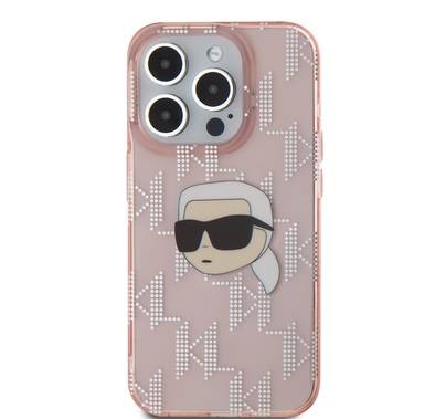 جراب Karl Lagerfeld IML الصلب مع تصميم Karl Head &amp; Monogram مطلي بالكهرباء لهاتف iPhone 16 Pro - وردي 