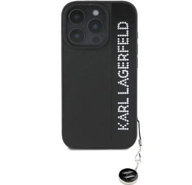 Karl Lagerfeld Saffiano Leather Hard Case with Elongated Logo for iPhone 16 Pro, PC Protector Camera, Karl Diamond Logo, Lightweight - Black 