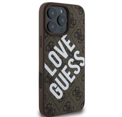 Guess PU 4G Big Love Guess Logo Case for iPhone 16 ProMax, High Quality Material, Lightweight - Brown