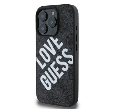 جراب Guess PU 4G الصلب مع شعار Big Love Guess لهاتف iPhone 16 Pro Max، مصنوع من مادة عالية الجودة، خفيف الوزن، سهل التركيب - أسود 