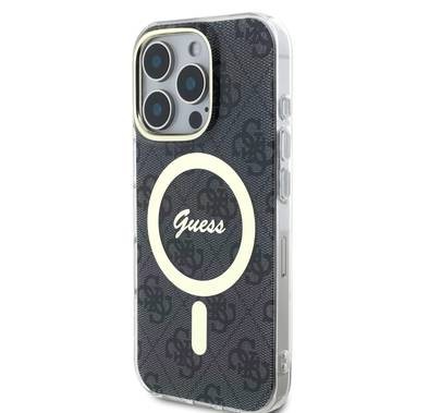 جراب Guess MagSafe 4G Design HD Printing PC &amp; TPU لهاتف iPhone 16 Pro، خفيف الوزن، مصنوع من مادة عالية الجودة، يحمي من السقوط - أسود