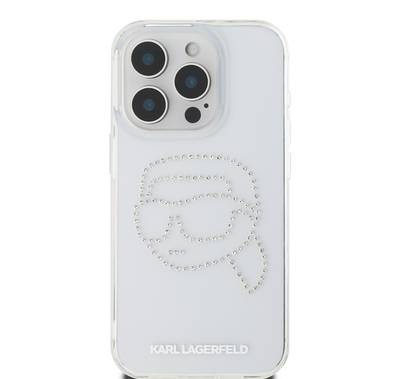 جراب Karl Lagerfeld IML الصلب مع شعار Karl Head من أحجار الراين لهاتف iPhone 16 Pro Max، سهل التركيب - شفاف 