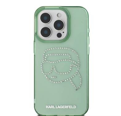 جراب Karl Lagerfeld IML الصلب مع شعار Karl Head من أحجار الراين لهاتف iPhone 16 Pro Max، سهل التركيب - Kaki 