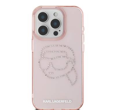 جراب Karl Lagerfeld IML الصلب مع شعار Karl Head من أحجار الراين لهاتف iPhone 16 Pro، سهل التركيب - وردي 