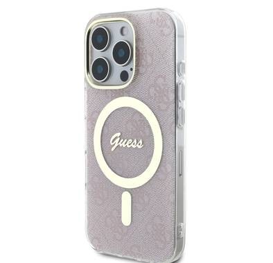 جراب Guess MagSafe 4G Design HD Printing PC &amp; TPU لهاتف iPhone 16 Pro Max، خفيف الوزن، مصنوع من مادة عالية الجودة، يحمي من السقوط - وردي