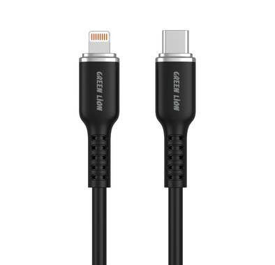 كابل سيليكون من Green Lion USB-C إلى Lightning بطول 1 متر، سرعة نقل 480 ميجابت في الثانية، 18 وات، شحن ومزامنة، عمر افتراضي يزيد عن 10000 ثنية، آمن ومضمون - أسود