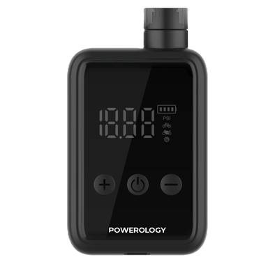 منفاخ إطارات Powerology Super Compact بسعة بطارية 1000 مللي أمبير في الساعة وسرعة نفخ 15 لتر/دقيقة وضغط نفخ 110 رطل/بوصة مربعة وفتحة تهوية لتبديد الحرارة وشاشة رقمية ومنفذ شحن من النوع C - أسود