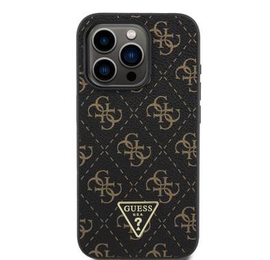 Guess New 4G Design PU Leather Case with Triangle Logo for iPhone 16 Pro Max, Easy Snap-on, Camera Raised Edge - Black