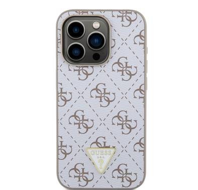 Guess New 4G Design PU Leather Case with Triangle Logo for iPhone 16 Pro Max, Easy Snap-on, Camera Raised Edge - White 