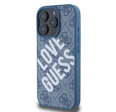 جراب Guess PU 4G الصلب مع شعار Big Love Guess لهاتف iPhone 16 Pro، مصنوع من مادة عالية الجودة، خفيف الوزن، سهل التركيب - أزرق 