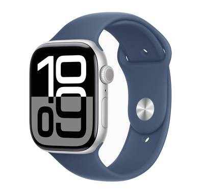 Apple Watch Series 10 GPS + Cellular 46mm Silver Aluminum Case with Denim Sport Band,  Up to 18 Hours Battery Life, Bluetooth 5.3, Always‑On Retina LTPO3 Display - Silver