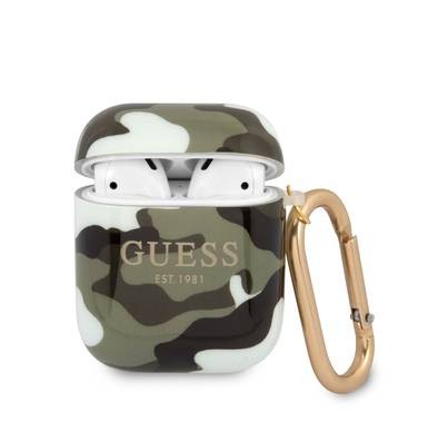CG MOBILE Guess TPU Shinny Camouflage Case with Anti-Lost Ring Compatible for AirPods, Scratch & Drop Resistant Cover, Dustproof Protective Silicone Case - Kaki