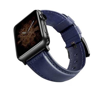 Viva Madrid Montre Cordovan Genuine Leather Strap Compatible for Apple Watch 42/44MM - Sweat Resistant & Lasting Durability - Comfortable Replacement Wrist Band  - Blue/Black