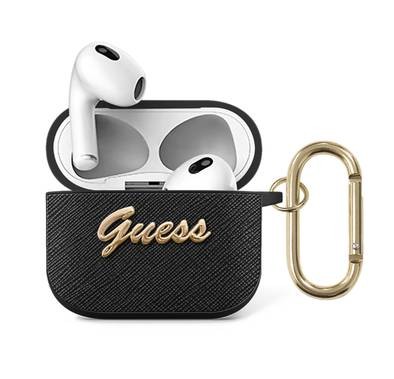 Guess PU Saffiano Case with Script Metal Logo for Airpods 3 - Black