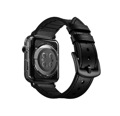 Porodo iGuard PDLEASIL44-BK Adjustable Leather + Silicone Lightweight Stylish Watch Band For Apple Watch 42/44/45mm - Black