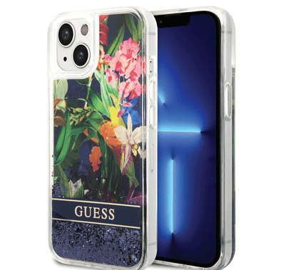 Guess Liquid Glitter Case with Flower Pattern Extra Shine Smooth Touch Feel iPhone 14 Compatibility - Blue