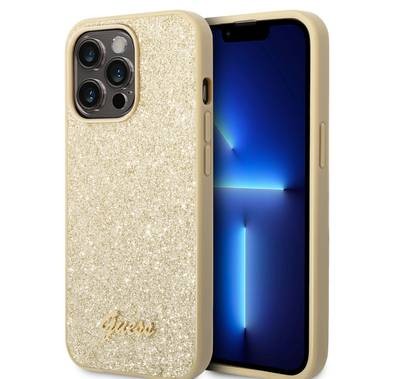 Guess PC/TPU Glitter Flakes Case with Script Metal Logo iPhone 14 Pro Max Compatibility - Gold