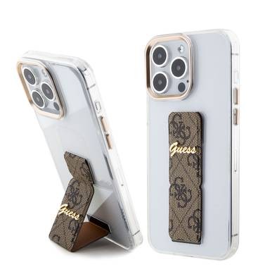 Guess Grip stand Clear Case with 4G Script Logo for iPhone 15 Series - Brown - iPhone 15 Pro Max