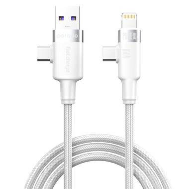 Porodo Fast Charging Cable with Dual Connector, Lightning, Type-C and USB-C - White - 1.2M